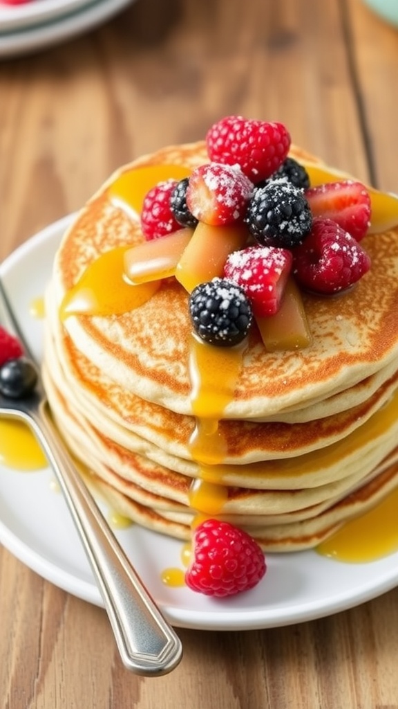 Fluffy keto pancakes with honey alternative and fresh berries on a white plate.